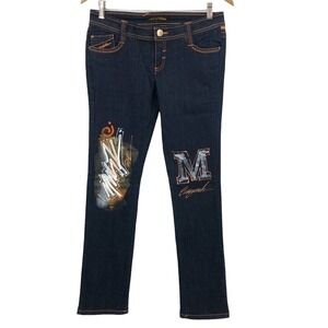 Miskeen Women's Graffiti Skinny Jeans Size 7 Painted & Embroidered Dark Wash